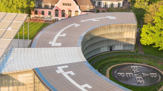 An aerial view of a building with a circular design.